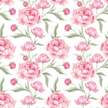 Kusursuz şakayık deseni. Suluboya pembe şakayıklar. Ev yapımı. Kumaş için baskı. Albüm koleksiyonu. Kumaş. Narin çiçek deseni, bahar. Mayıs. Şakayıklar çiçek açıyor.