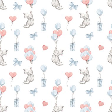 Doğum günü için kusursuz desen. Doğum günü modeli. Neşeli kediler. Balon. Parti zamanı. Sevimli hayvanlar. Suluboya. Doku. Parti baskısı. Hediye, sürpriz. Yılan gibi..