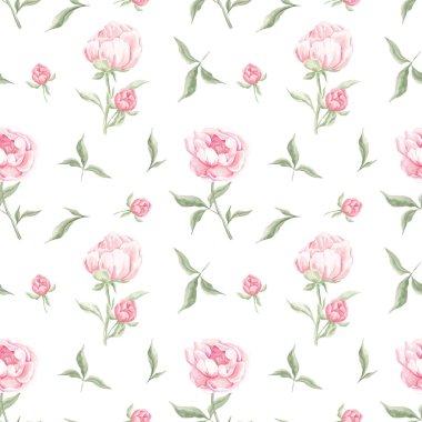 Kusursuz şakayık deseni. Suluboya pembe şakayıklar. Ev yapımı. Kumaş için baskı. Albüm koleksiyonu. Kumaş. Narin çiçek deseni, bahar. Mayıs. Şakayıklar çiçek açıyor.