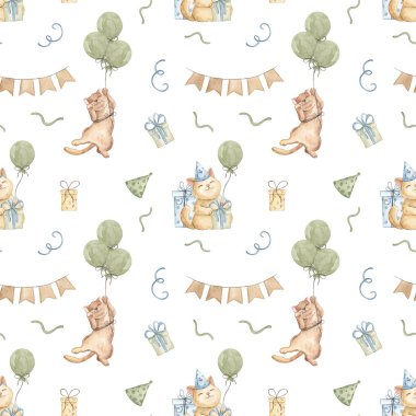 Doğum günü için kusursuz desen. Doğum günü modeli. Neşeli kediler. Balon. Parti zamanı. Sevimli hayvanlar. Suluboya. Doku. Parti baskısı. Hediye, sürpriz. Yılan gibi..