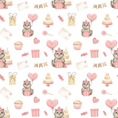 Doğum günü için kusursuz desen. Doğum günü modeli. Neşeli kediler. Balon. Parti zamanı. Sevimli hayvanlar. Suluboya. Doku. Parti baskısı. Hediye, sürpriz. Yılan gibi..