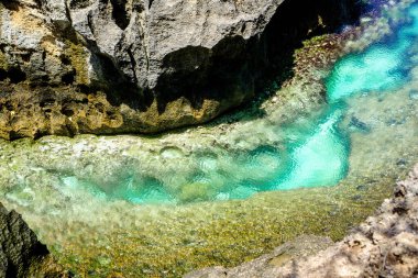 Nusa Penida 'daki Cliffside' dan Blue Water ve Clear Coral tarafına. Su oldukça berrak ve hava sabah 8 civarında güzeldi. Rahatlatıcı Sahne