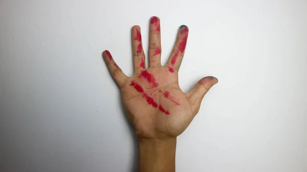 Красная Чернильная Рука Белом Фоне — стоковое фото