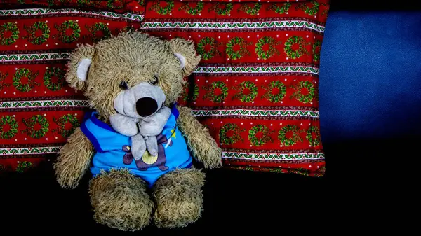 泰迪熊穿着蓝色T恤躺在黑色沙发上 — 图库照片