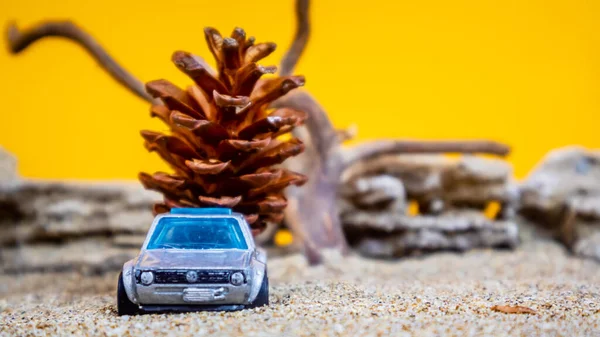 Oyuncak araba turuncu arka planda çam kozalakları taşıyor.