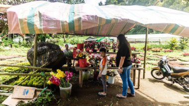 Tomohon, Endonezya: Aralık 2022, yeni yıldan hemen önce hareketli bir çiçekçi dükkanı