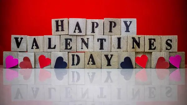 Feliz Día San Valentín Bloques Madera —  Fotos de Stock