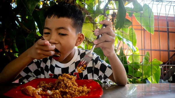 Malý Chlapec Smaženou Rýži — Stock fotografie