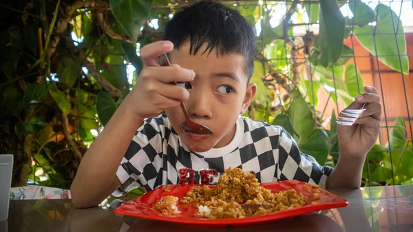 Een Kleine Jongen Eet Gebakken Rijst — Stockfoto