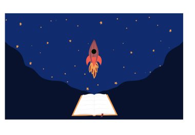 Gezegen çevresinden ayrılan kırmızı roketli açık bir kitap. Vektör illüstrasyonu