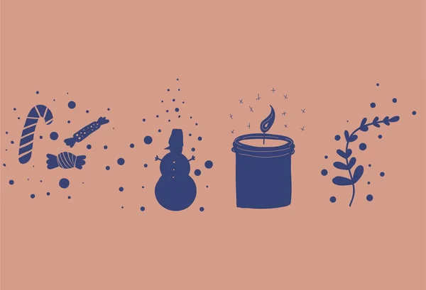 Noel süslemeleri kardan adam şekerlemeleri ve dallarla süslenmiş afişler. Vektör illüstrasyonu