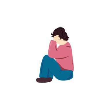 Kadın depresyon, migren ve baş ağrısı çekiyor. Vektör illüstrasyonu