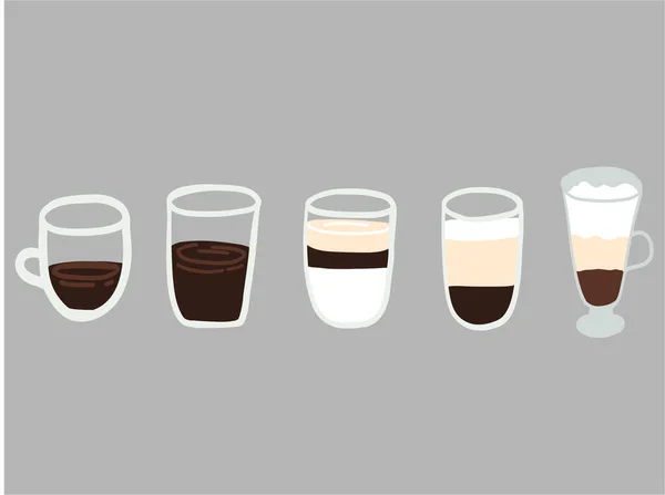 Kawy Typu Capuccino Latte Espresso Americano Ilustracja Wektora — Wektor stockowy