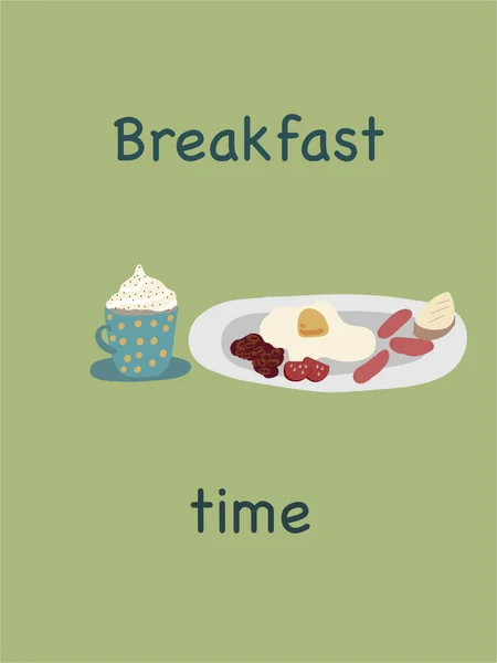 Śniadanie Kawa Talerz Smażoną Kiełbasą Jajeczną Ilustracja Wektora — Wektor stockowy