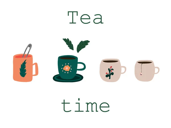 Illustration Der Teezeit Verschiedene Tassen Vektorillustration — Stockvektor