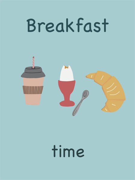 Breakfast set with coffee egg and croissant. Vector illustration