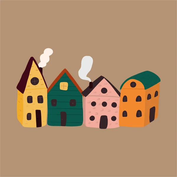 Χαριτωμένα Ζωγραφισμένα Σπίτια Παράθυρα Εικονογράφηση Διανύσματος — Διανυσματικό Αρχείο