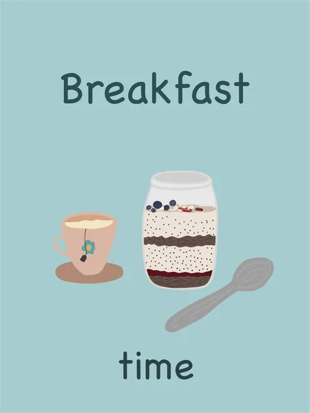 Kahvaltı Zamanı Pankartı Yulaf Lapası Çayı Kaşıkla Vektör Illüstrasyonu — Stok Vektör