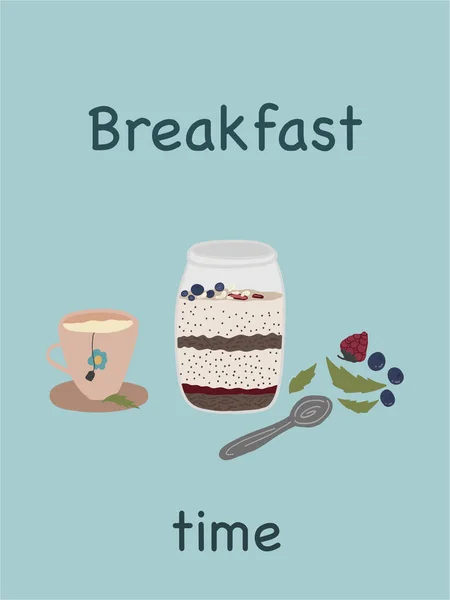 Frühstückszeit Banner Mit Haferflocken Joghurt Und Beeren Mit Grünem Tee — Stockvektor