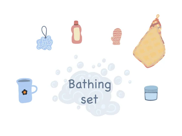 Zestaw Kąpielowy Ręcznikowymi Bańkami Kremami Ilustracja Wektora — Wektor stockowy