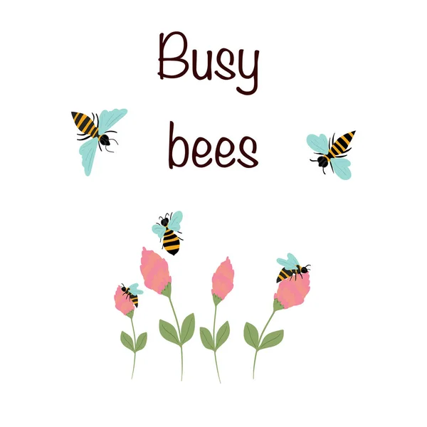 Fleißige Bienen Fliegen Kleeblätter Vektorillustration — Stockvektor