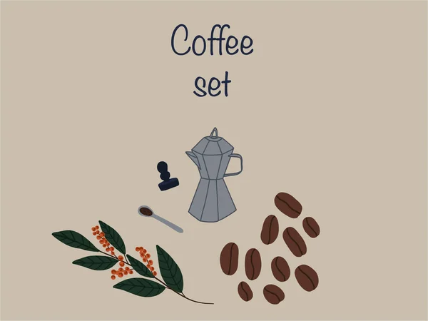 Kaffeeservice Braunen Hintergrund Bohnen Zweig Vektorillustration — Stockvektor