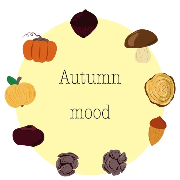 Autumn Set Cute Objects Mushroom Pumpkin Nut Apple Oak Vector — Stock Vector