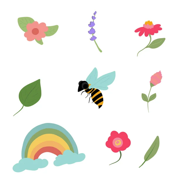 Set Bright Flowers Bee Big Eyes Rainbow Vector Illustration — Stock Vector