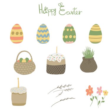 Yumurta, çim ve dallarla hazırlanmış Paskalya. Vektör illüstrasyonu