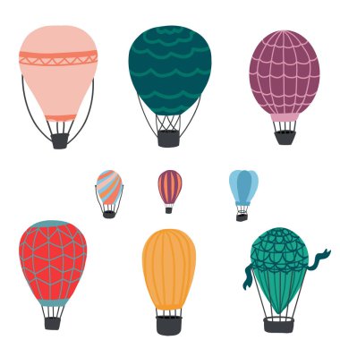Sıcak hava balonları farklı şekiller ve renkler belirler. Vektör illüstrasyonu