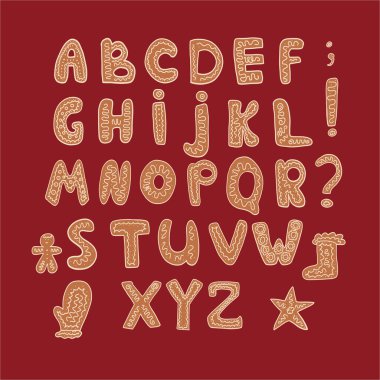Zencefilli Noel mektuplarının kurabiye alfabesi. Vektör illüstrasyonu
