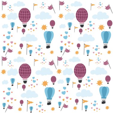Sıcak hava balonları pürüzsüz el çizimi desenli. Vektör illüstrasyonu