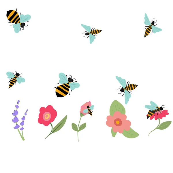 Bienen Fliegen Eine Blume Herum Vektorillustration — Stockvektor