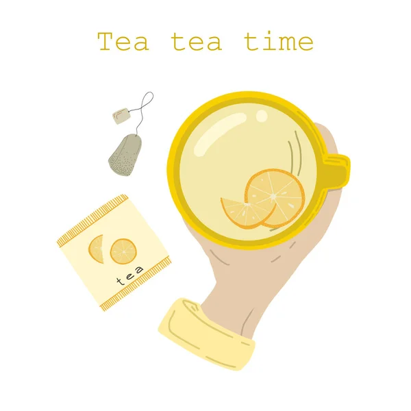Xícara Chá Com Sacos Chá Limão Ilustração Vetorial — Vetor de Stock
