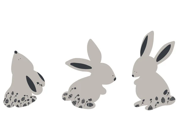 Три Кролика Пасхальные Темы Яйцами Силуэте Векторная Иллюстрация — стоковый вектор
