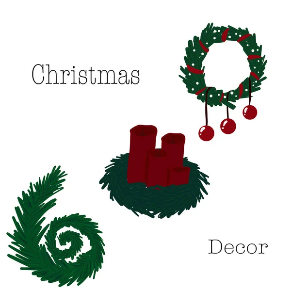 Рождественский Декор Соснами Шариками Свечами Векторная Иллюстрация — стоковый вектор