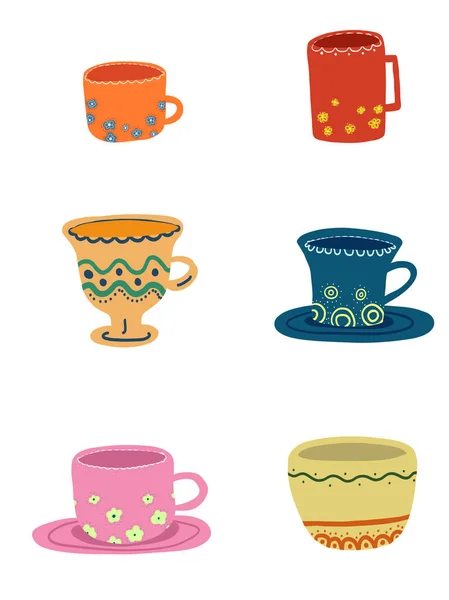 Set Bright Tea Cups Hand Drawn Style Vector Illustration — Stock Vector