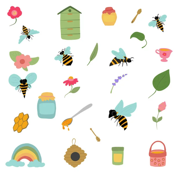 Große Menge Von Honig Und Bienenobjekten Vektorillustration — Stockvektor