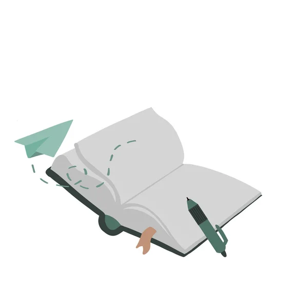Зеленая Открытая Книга Бумажным Самолетом Ручкой Векторная Иллюстрация — стоковый вектор
