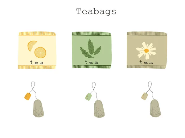 Teabags Com Sabor Diferente Hortelã Limão Camomila Ilustração Vetorial — Vetor de Stock