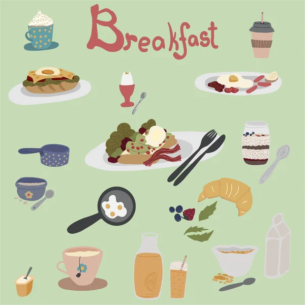 Conjunto Grande Dibujado Mano Desayuno Con Huevos Yogur Gachas Bebidas — Vector de stock