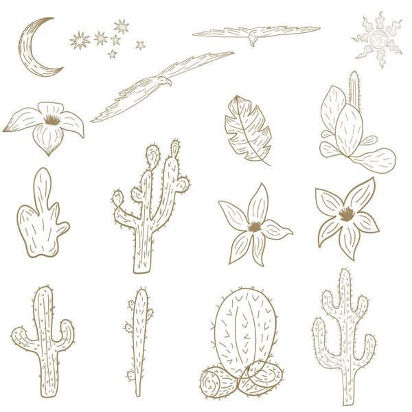 Kaktüsler, kartallar ve çiçeklerle Arizona Western seti. Vektör illüstrasyonu