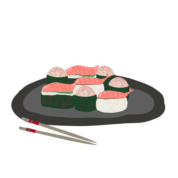 寿司盘上有鲑鱼和筷子 放在手绘盘子里 矢量说明 — 图库矢量图片