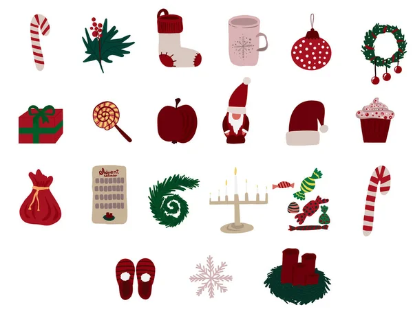 一套不同的圣诞装饰物品凯蒂袜子杯蜡烛日历 — 图库矢量图片