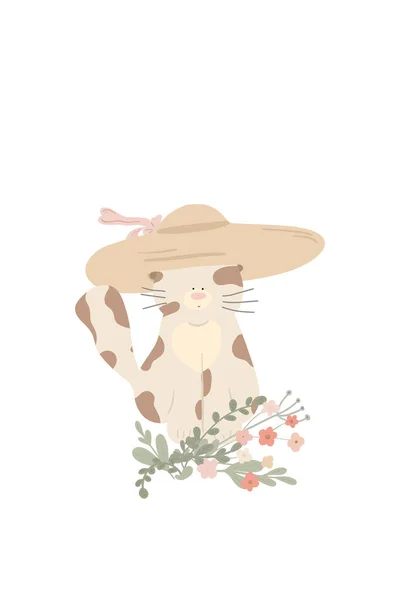 Elle çizilmiş yaz şapkalı kedi. Vektör illüstrasyonu