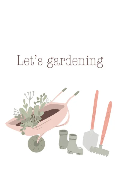 Alet edevat ve çiçeklerle dolu bahçe arabası. Vektör illüstrasyonu