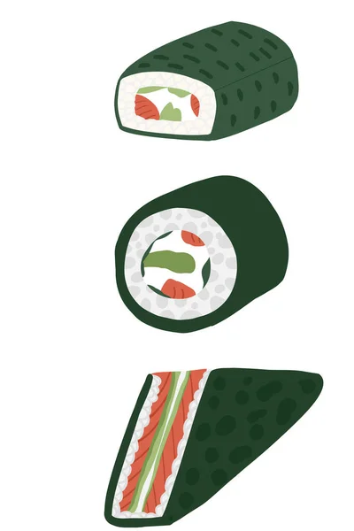 Asiático Sushi Set Roll Sandwich Mão Desenhada Ilustração Vetorial — Vetor de Stock