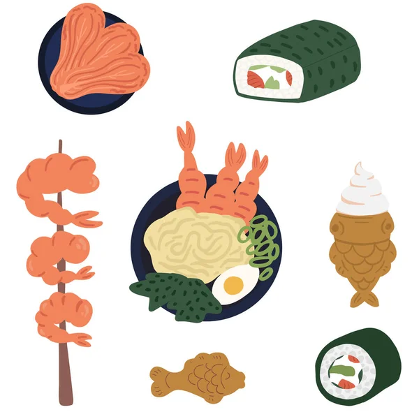 Set Comida Coreana Con Gambas Ramen Kimchi Sushi Helado Ilustración — Vector de stock