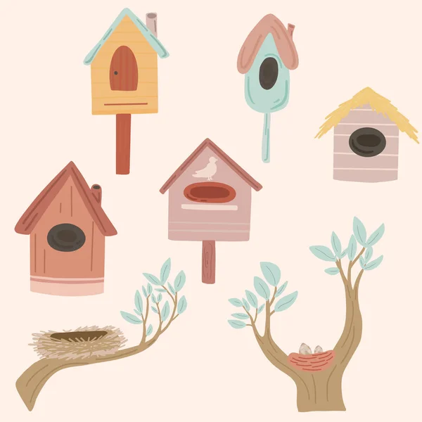 Yuva Kutuları Kuş Evi Çizimi Seti Vektör Illüstrasyonu — Stok Vektör