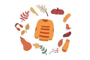 Yaprakları ve balkabağı setiyle sonbahar turuncu süveteri. Vektör illüstrasyonu